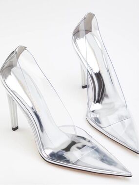 Good American Clear PVC Pointed-Toe Stiletto Pumps with Silver Base Size 8.5 NIB